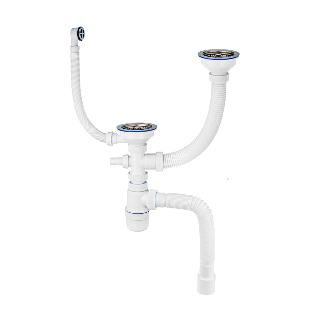 30987097 Сифон "Элит" () для 2-ой, разноуров. мойки с нер.чаш.?112 мм, отв. для ст/м., гофротр.L800 Raiber 