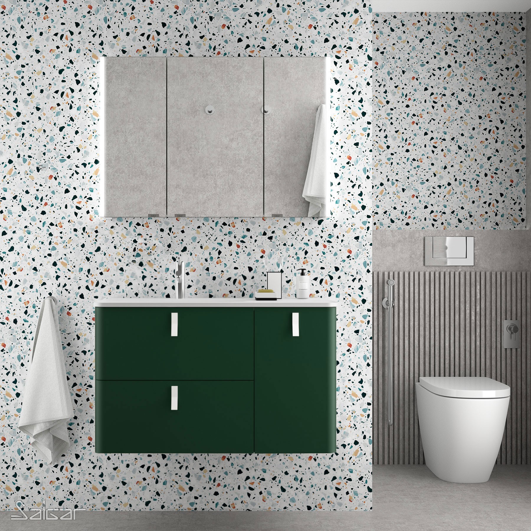 83098 SALGAR Мебель для умывальника UNIIQ 1200 ROYAL GREEN правая 1 дверца и 2 ящика с мягким закрыванием 1194 x 540 x 450 мм Королевский зеленый  - Вид №1