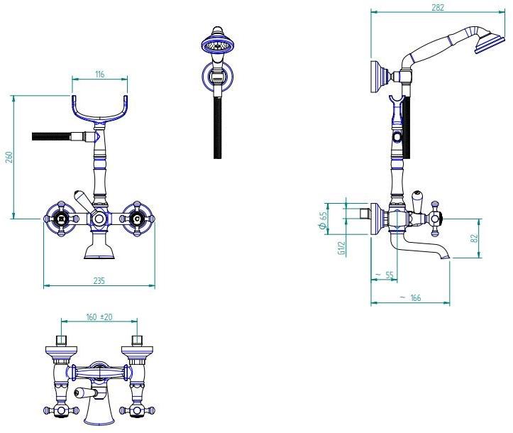 ZAZZERI Настенный смеситель для ванны на 2 отверстия с ручным душем Kent sun-id-1377735 - Вид №1