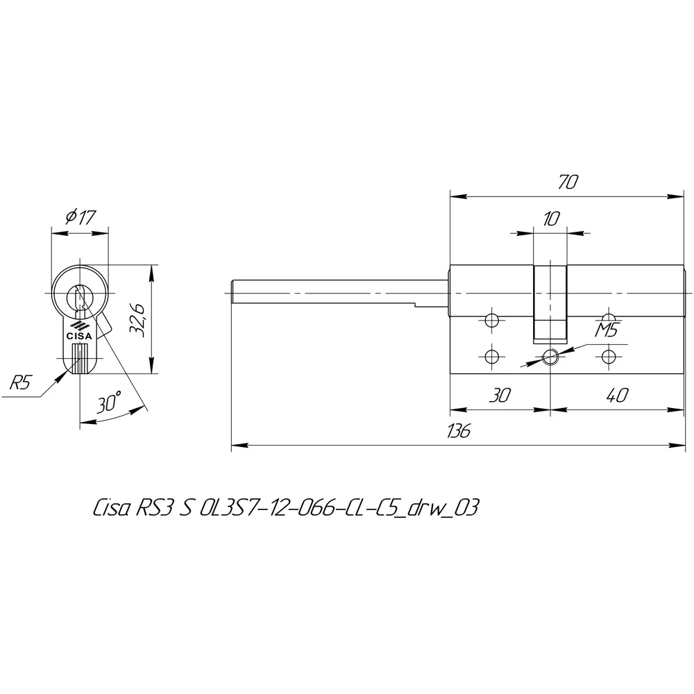 Цилиндр Cisa RS3 OL3S7-12.66, 35x10x25 мм, ключ/шток, цвет латунь, без вертушки STLM-2149370 - Вид №4