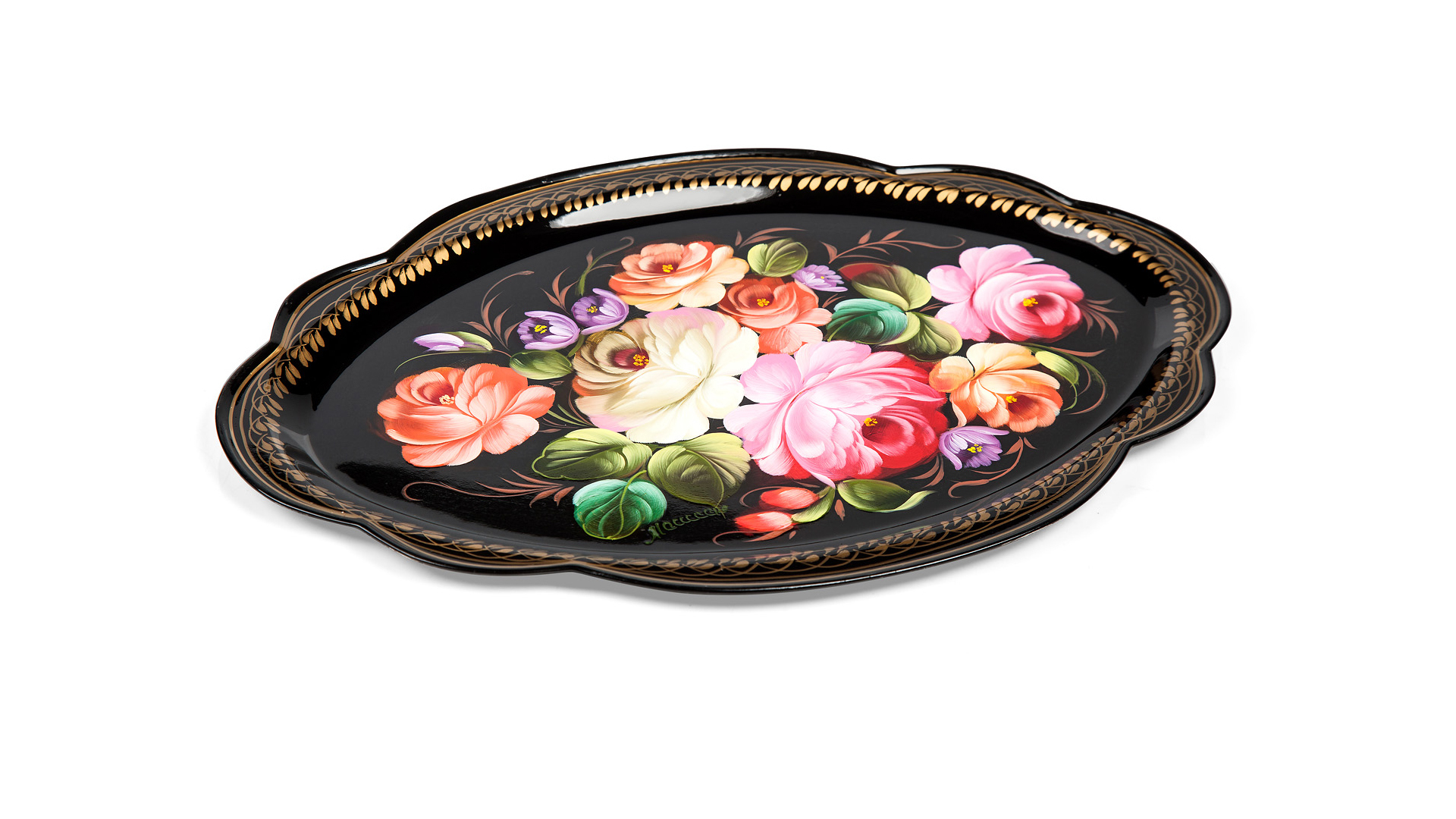 10618044 Жостовская фабрика декоративной росписи Поднос 32х22см НХПР "Радость" Сталь  - Вид №1