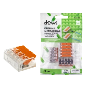 84509775 Клеммы соединительные монтажные с рычажком Duwi СМК 222-415 5-проводные 4мм² прозрачные 5шт 26615 0 STLM-1109972