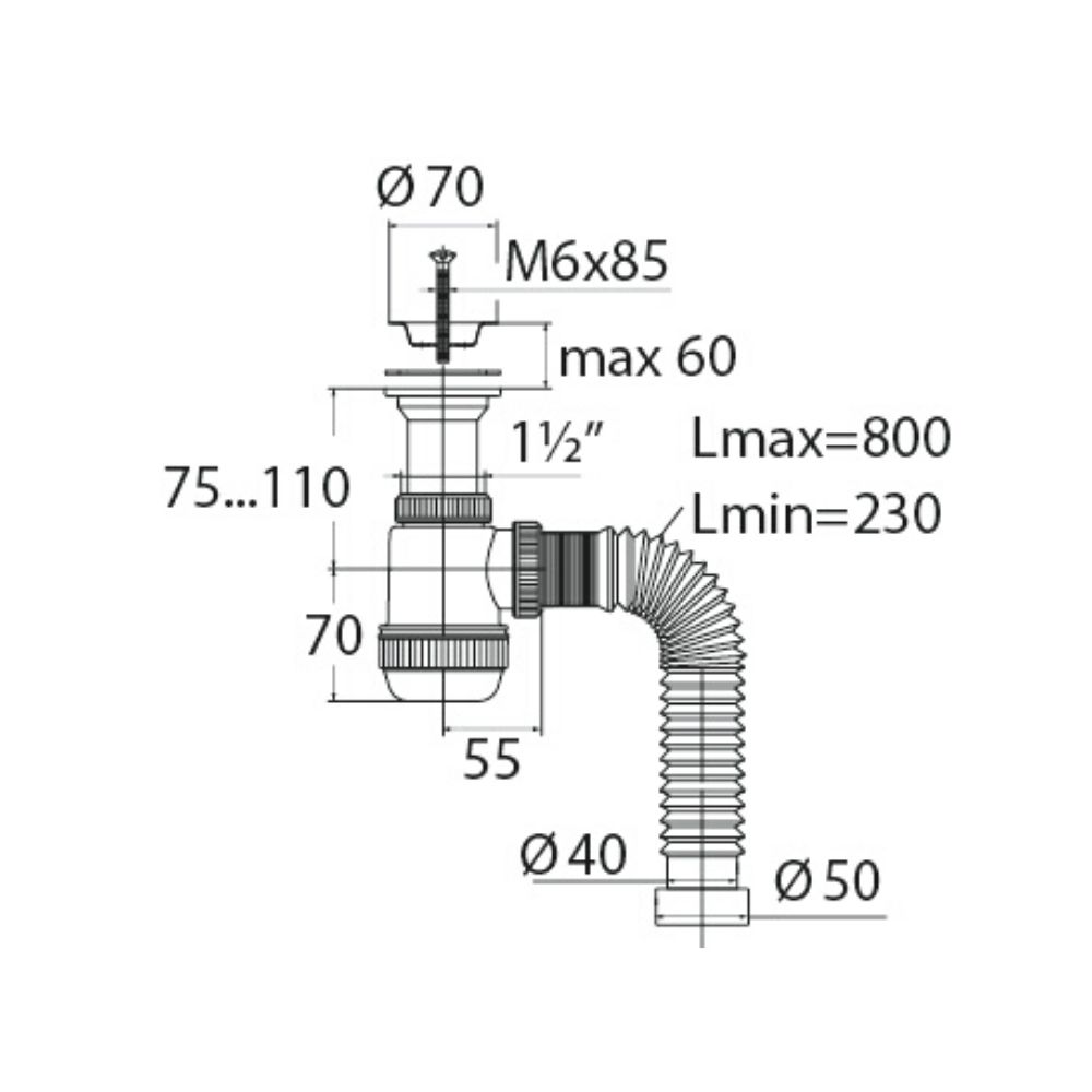 Сифон "МИНИ Элит" (30980676) с литым выпуском, нерж. чашкой д.70мм и гибкой трубой (1 1/2"-д.40/50) 30980676 Santreyd  - Вид №1