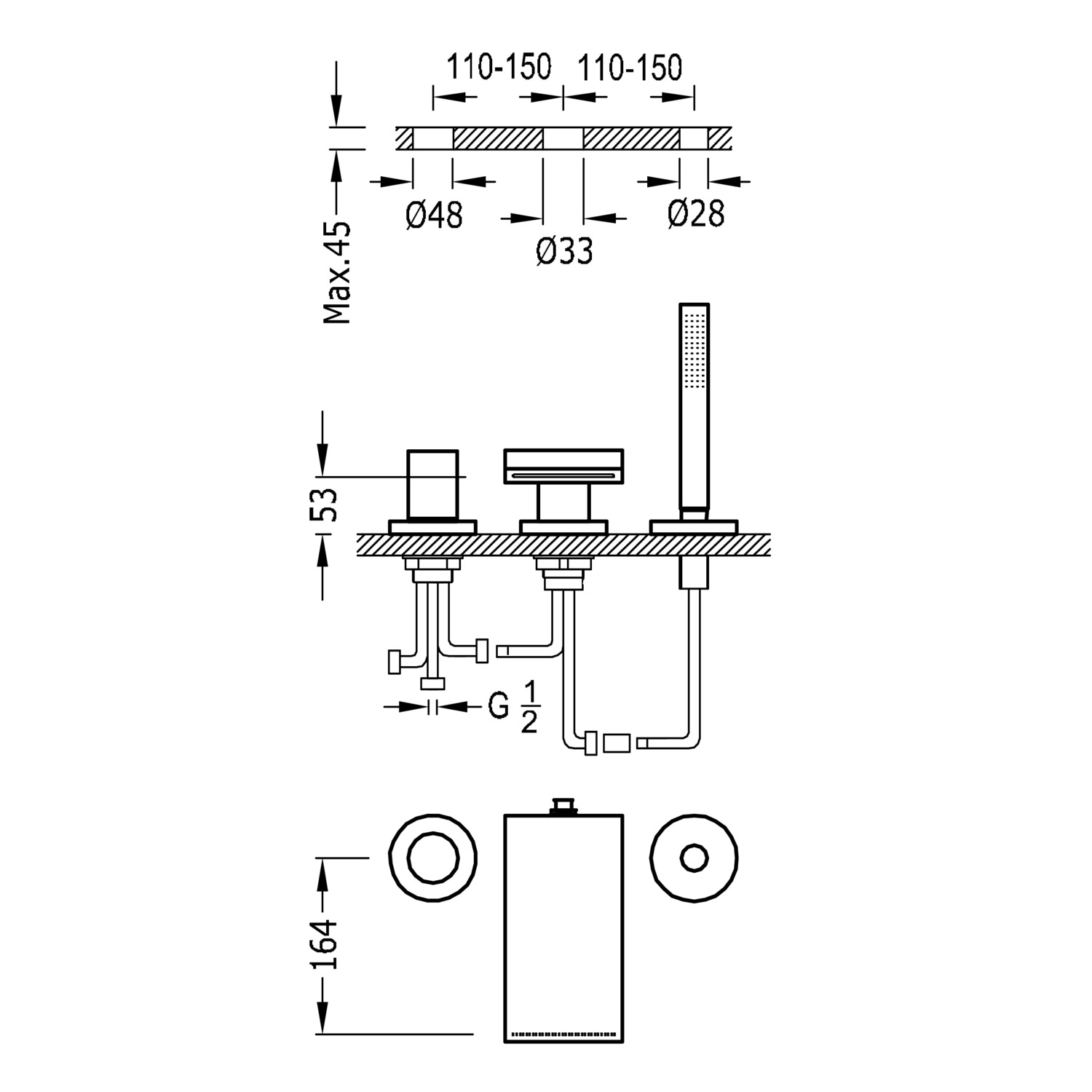 МАКСИМАЛЬНЫЙ краевой смеситель для ванны с одной ручкой-06116101 TRES  - Вид №1