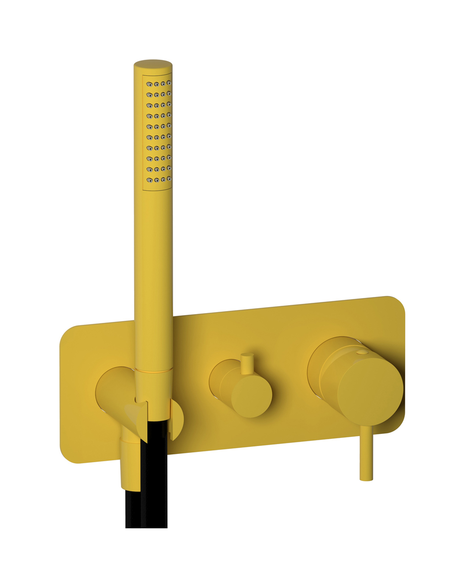 Внешние части встроенного в стену смесителя на 2 потребителя в комплекте с душевым гарнитуром. WE ARE IB co313gi Yellow Franciacorta Colore