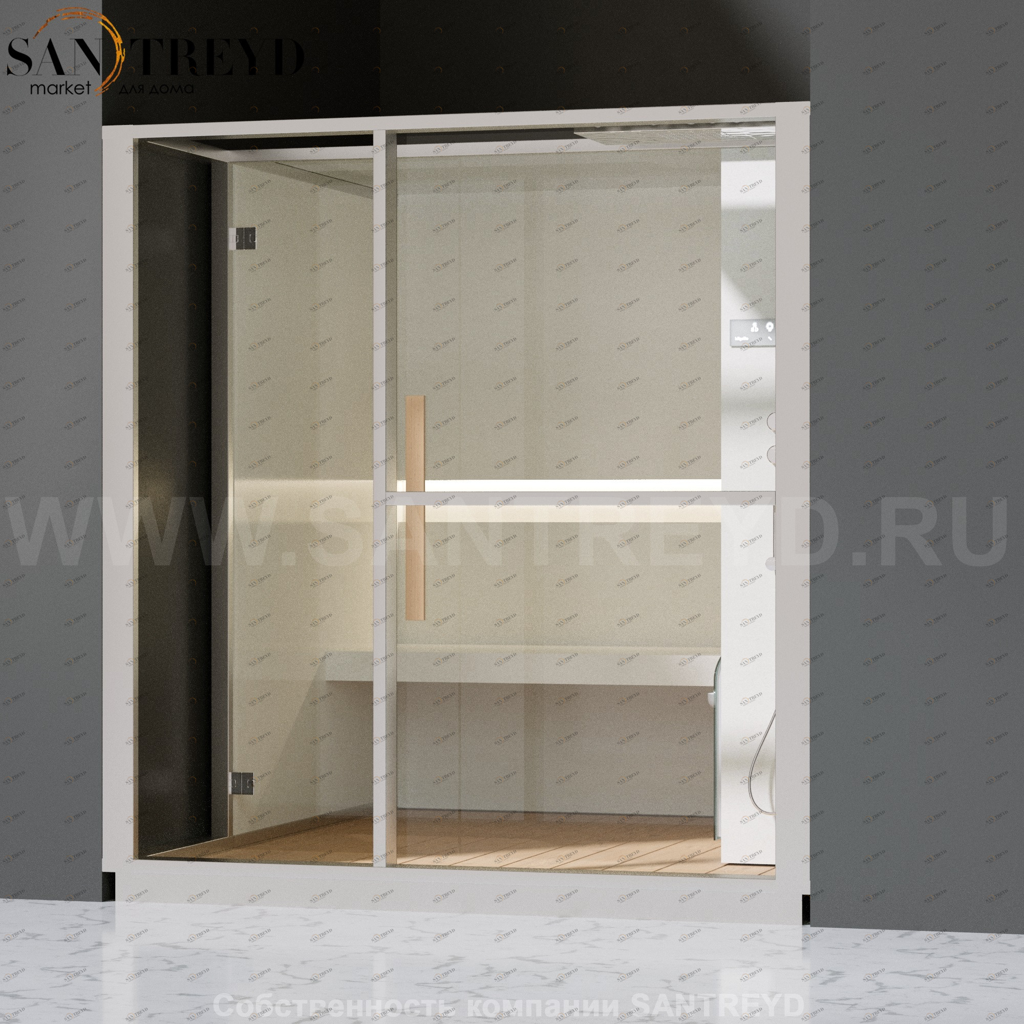 Effegibi LOGICA H LO30020009 Хаммам. Установка: в нишу. Правая дверь. Мощность: 4,5 кВт макс. Размеры: длина 214 см, ширина 250 см. Отделка: матовый лакированный белый аллюминий и серый ламинат из керамогранита.