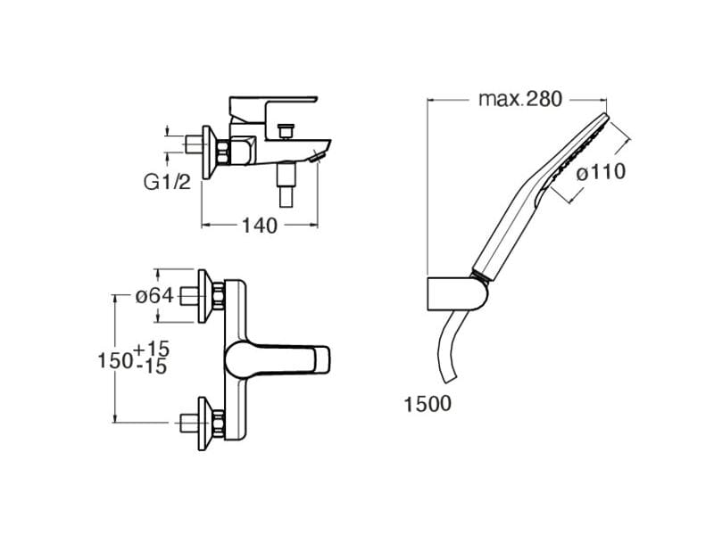 Настенный смеситель для ванны с ручным душем CRISTINA Rubinetterie Prime ARCH-00046951 - Вид №1