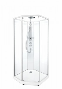 558.908.00.1 IDO Showerama 10-5 1000x1000 Pentagon Comfort, Душевая кабина IDO Showerama в сборе, пятиугольная, белые профили / прозрачное стекло / задняя часть из матового стекла, 1000X1000 мм