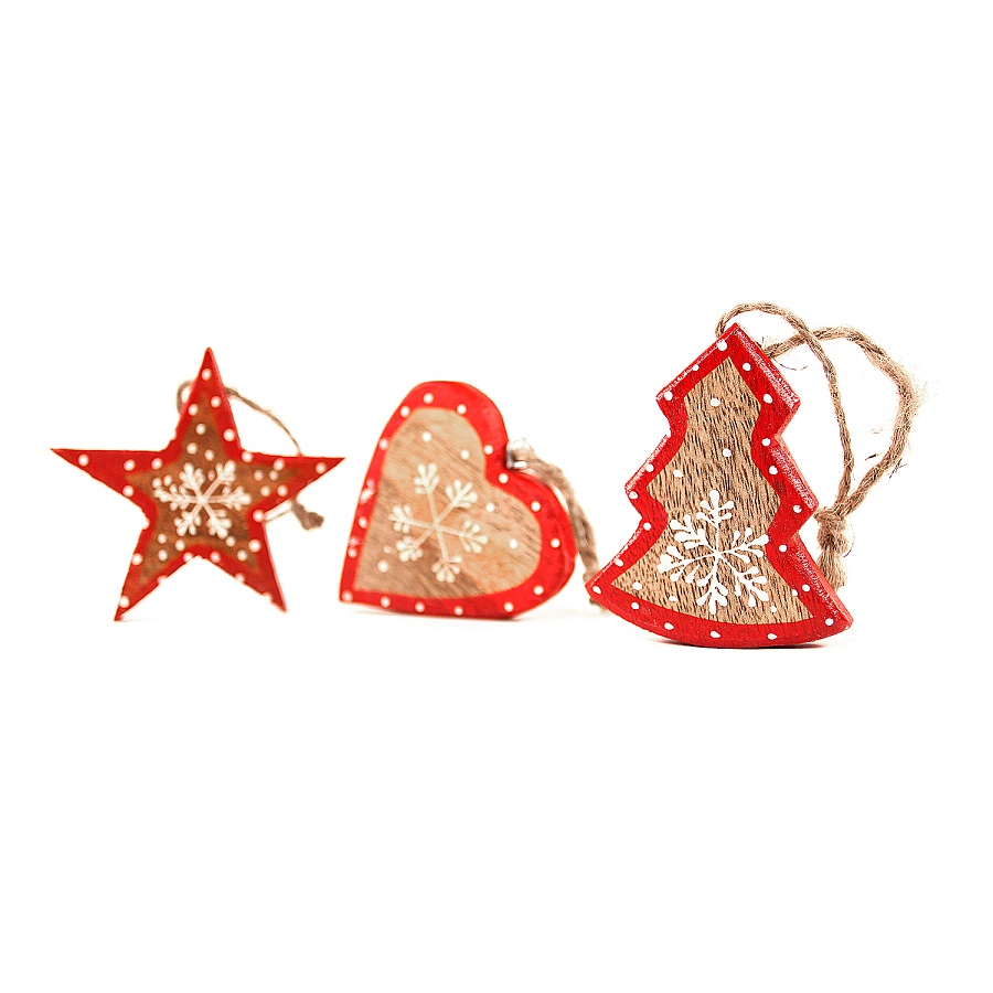 Набор елочных украшений деревянных в подарочной коробке "Звезды, ели, сердца с красным ободком" Star ENJOYME  253088 Красный;разноцветный  - Вид №3
