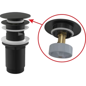 Донный клапан сифона для умывальника CLICK/CLACK 5/4", цельнометаллический с переливом и большой черной заглушкой
