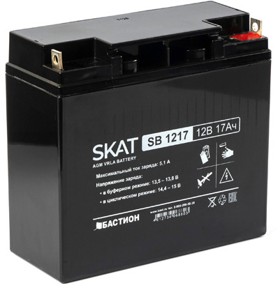 SKAT SB 1217 , 12v, 17ah, maximum charge current 5.1 a. terminal type - b1 (for m5 bolt with nut). case size - 77x180x168. weight - 4.9 kg. service life - 6 years. warranty - 18 months. Бастион 
