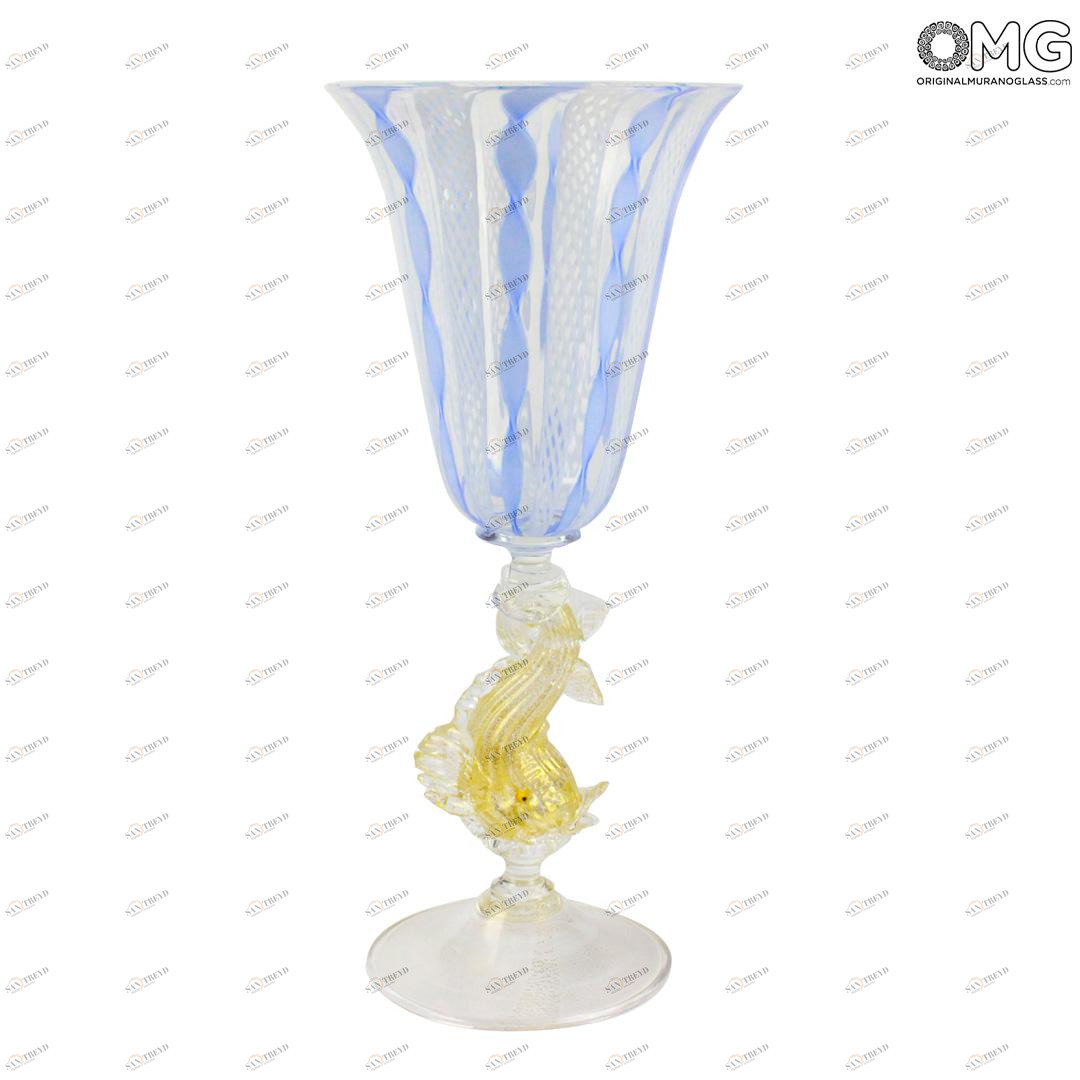1014 ORIGINALMURANOGLASS Венецианский голубой бокал Золотой Дельфин - Delfino dorato - муранское стекло OMG 10 см 