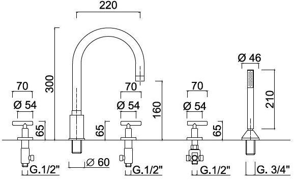Rubinetteria Giulini Комплект для ванны на 5 отверстий с ручным душем G4 F7760 - Вид №1