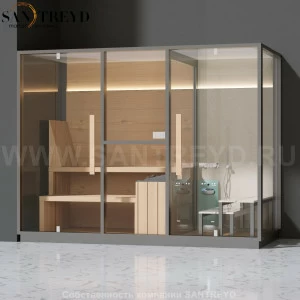 Effegibi MID LO70010002 Комбинированная баня: хаммам - душ и сауна. Установка: в левый угол. Мощность: 11 кВт макс. Размеры: длина 300 см, ширина 137 см. Отделка: канадский хемлок, матовый лакированный серый аллюминий и бежевый ламинат из керамогранита.