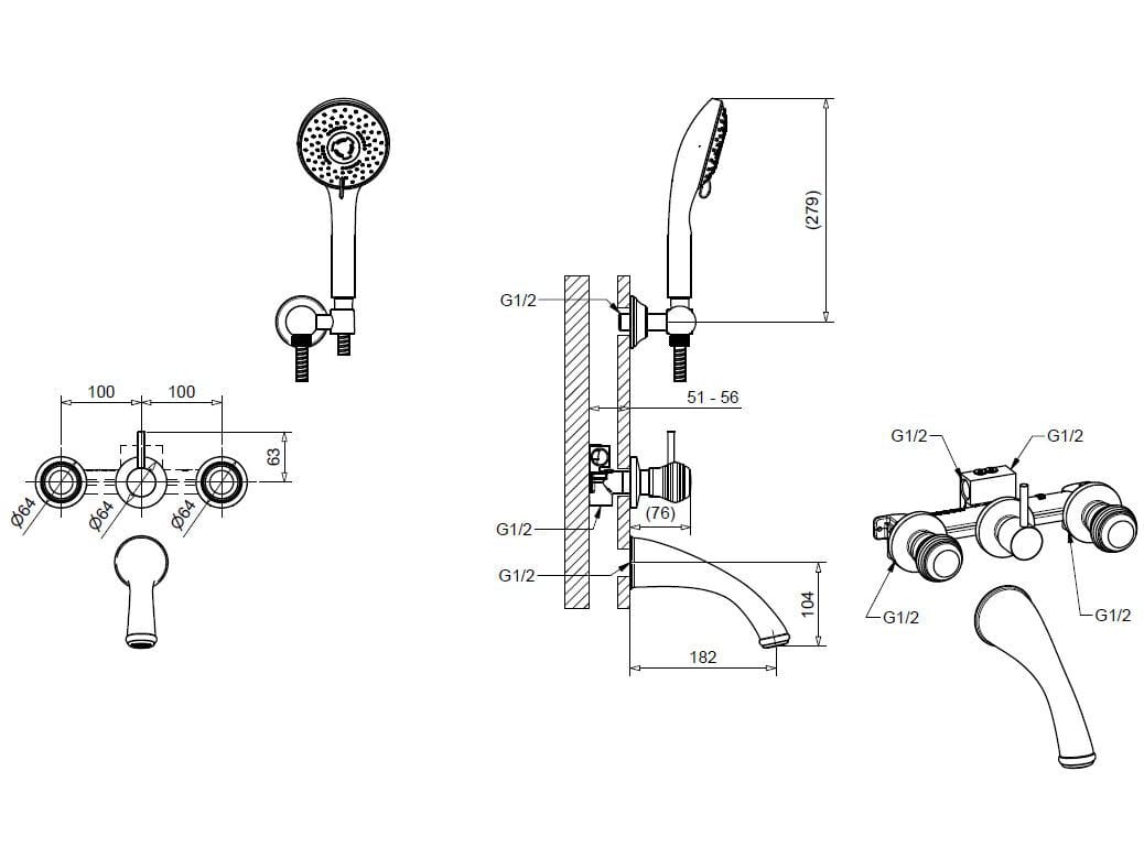 Хромированный латунный настенный смеситель для ванны Bugnatese Axo ARCH-00004931 - Вид №1
