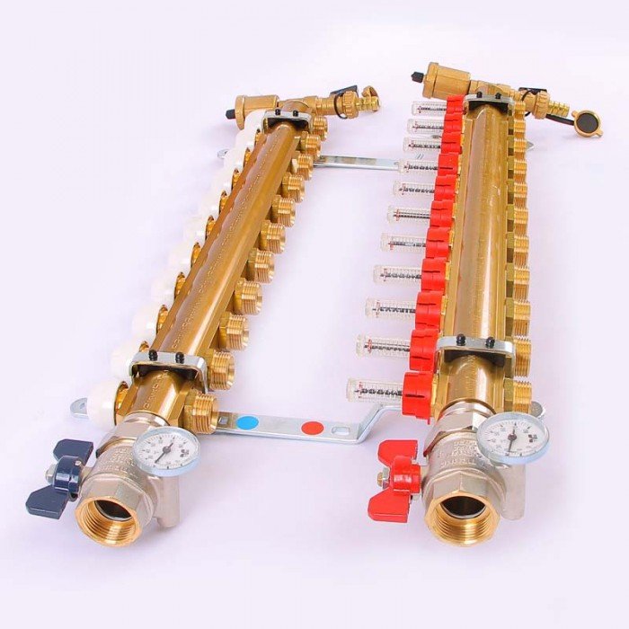 Коллектор для теплого пола TIEMME 1"x3/4"ЕК на 11 выходов с расходомерами 3870024 - Вид №1