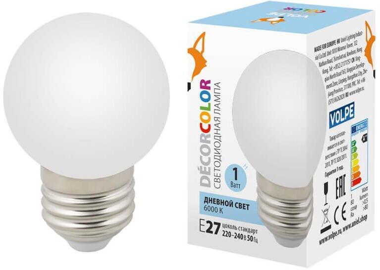 LED-G45-1W/6000K/E27/FR/С Лампа декоративная светодиодная E27 1W 6000K матовая UL-00005806 Volpe LED-G45