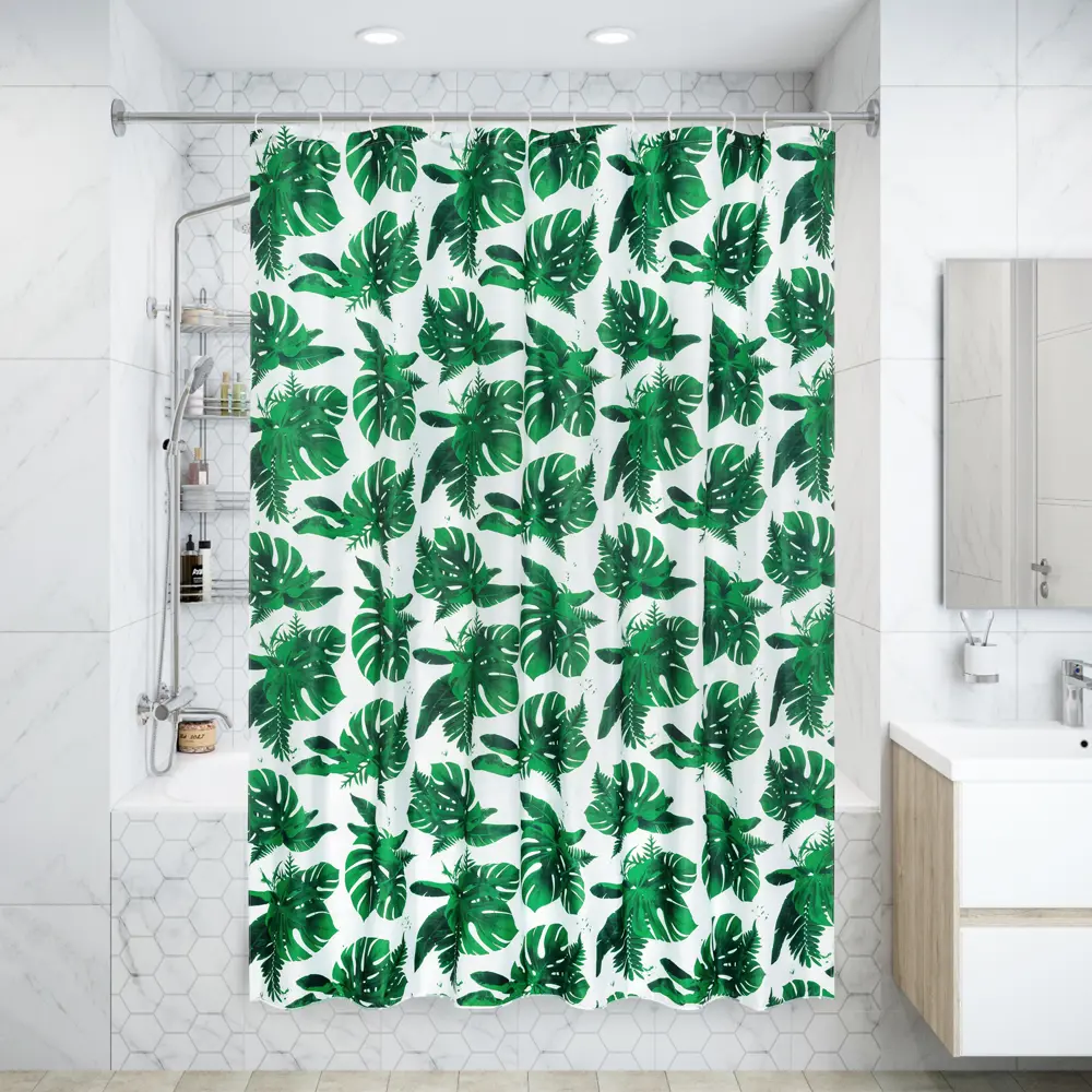 Штора для ванны Manu 180x200 см, полиэстер, цвет белый/зелёный WESS STLM-2154002