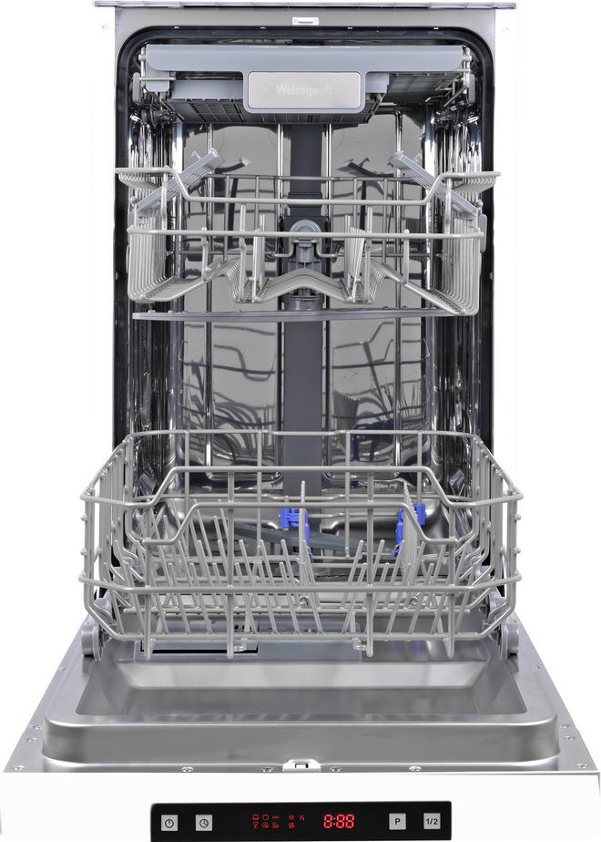 DW 4035 Узкая отдельностоящая посудомоечная машина, 45см, 10 комплектов, 6 программ, 1/2 загрузка, дисплей, защита от протечек, расход 9л, белая Weissgauff Santreyd  - Вид №2