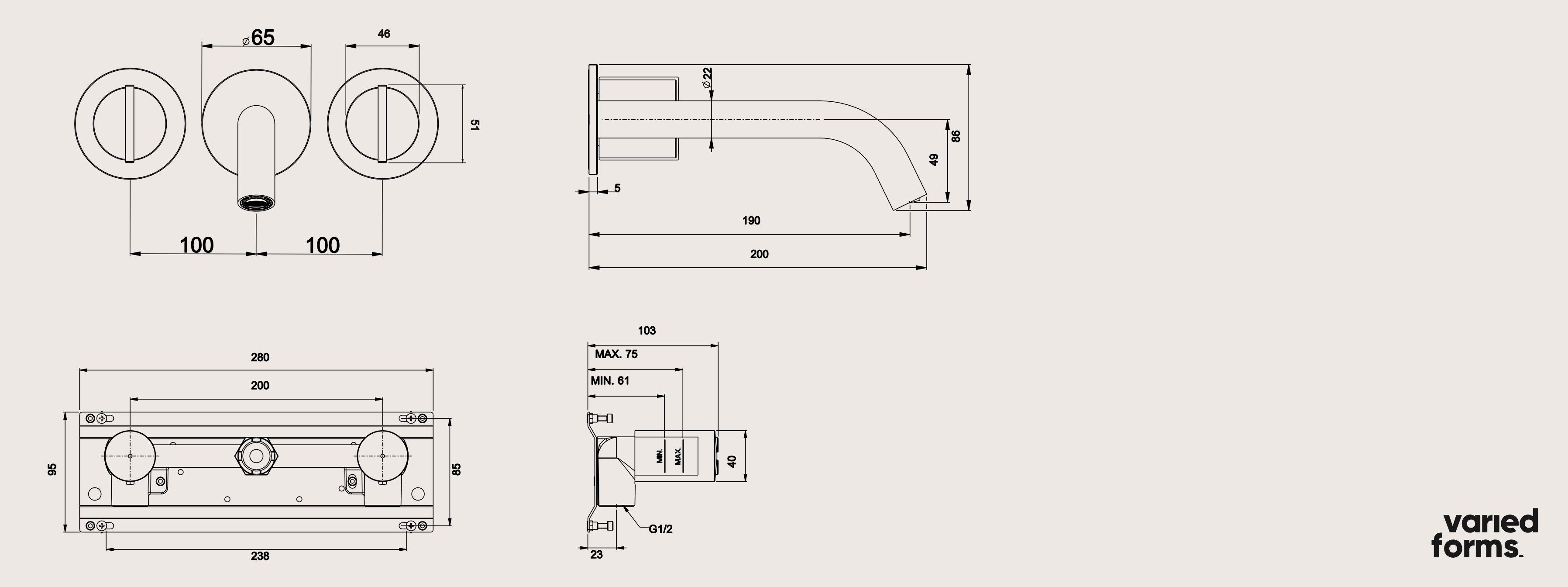 Настенный смеситель для раковины с 3 отверстиями Varied Forms Macaron ARCH-00103431