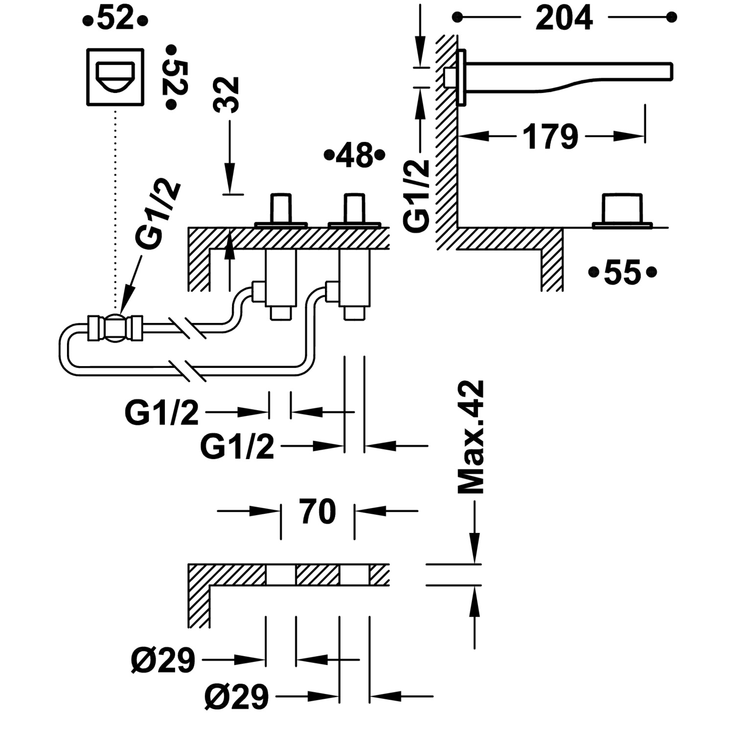 ТОНКИЙ скрытый смеситель для умывальника с двумя ручками-20223801 TRES  - Вид №1