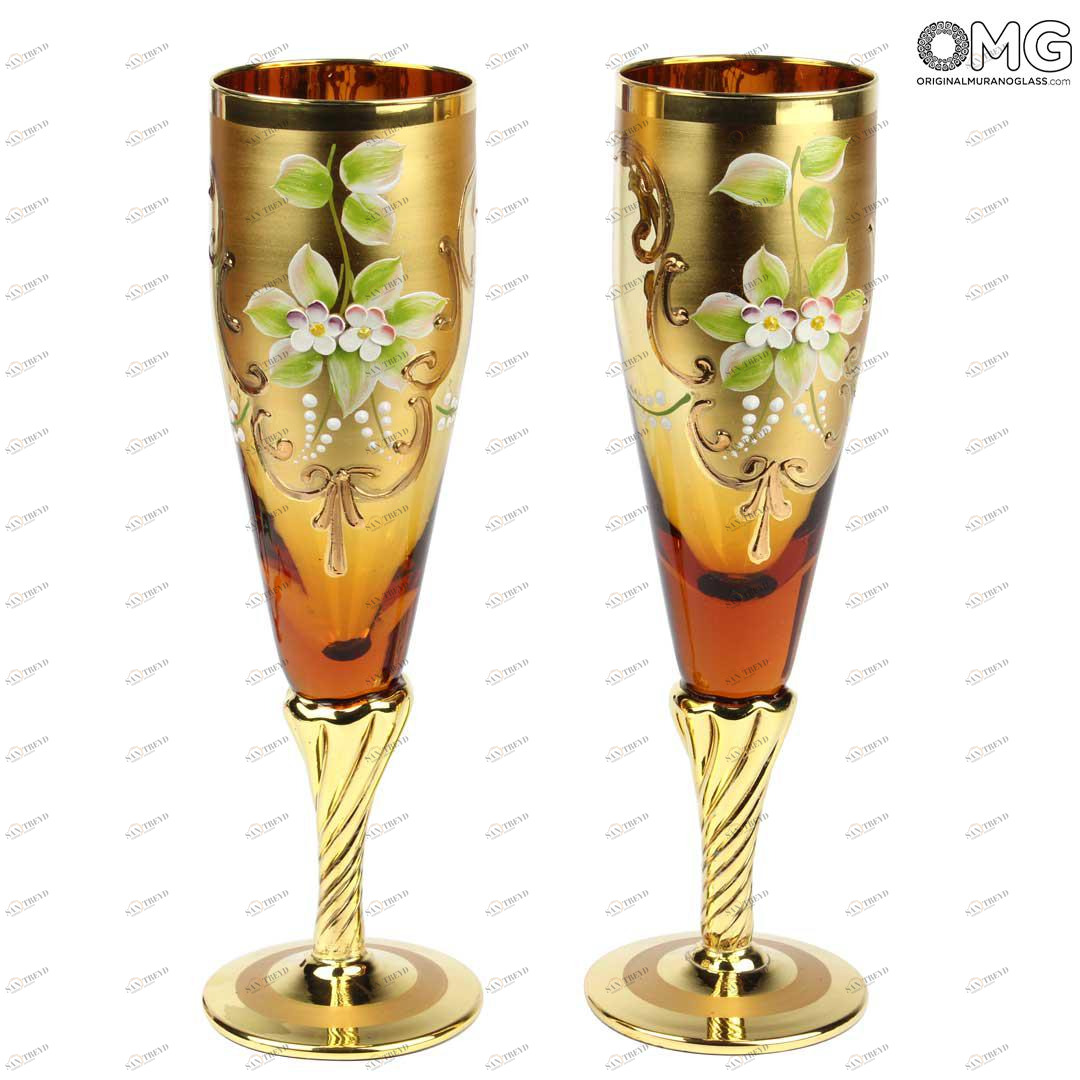 2138 ORIGINALMURANOGLASS Набор из 2 бокалов-флюте янтарного цвета- я&ты- trefuochi 6 см 