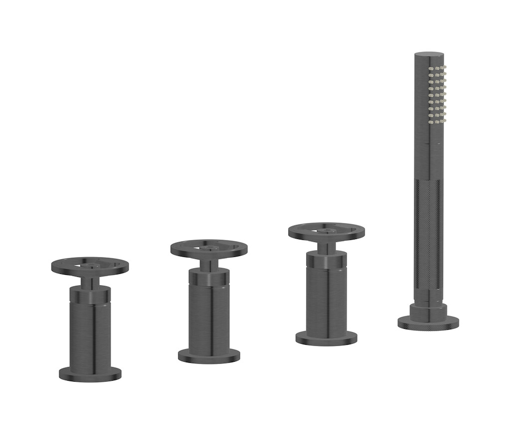 Смеситель на бортик ванной на 4 отверстия с изливом, дивертером и душевым гарнитуром. WE ARE IB b1397cs Brushed Black Chrome Bold