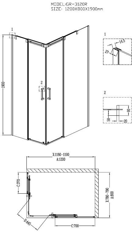 Душевое ограждение GROSSMAN GR-3120R Galaxy 120*80*190 прямоугольник, двери раздвижные - Вид №1
