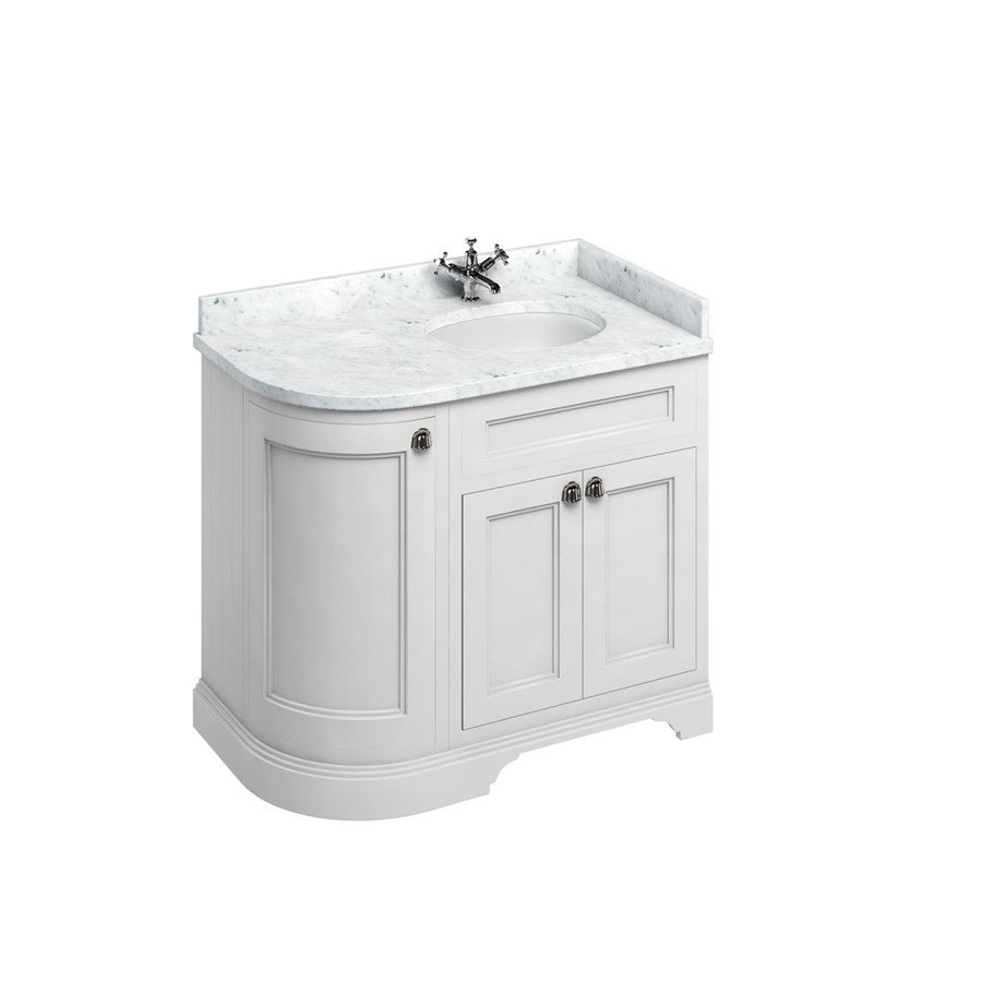 Burlington Отдельностоящий изогнутый угловой блок 100 RH со столешницей Carrara White и встроенной белой раковиной Классический серый FC3G_BC98R 