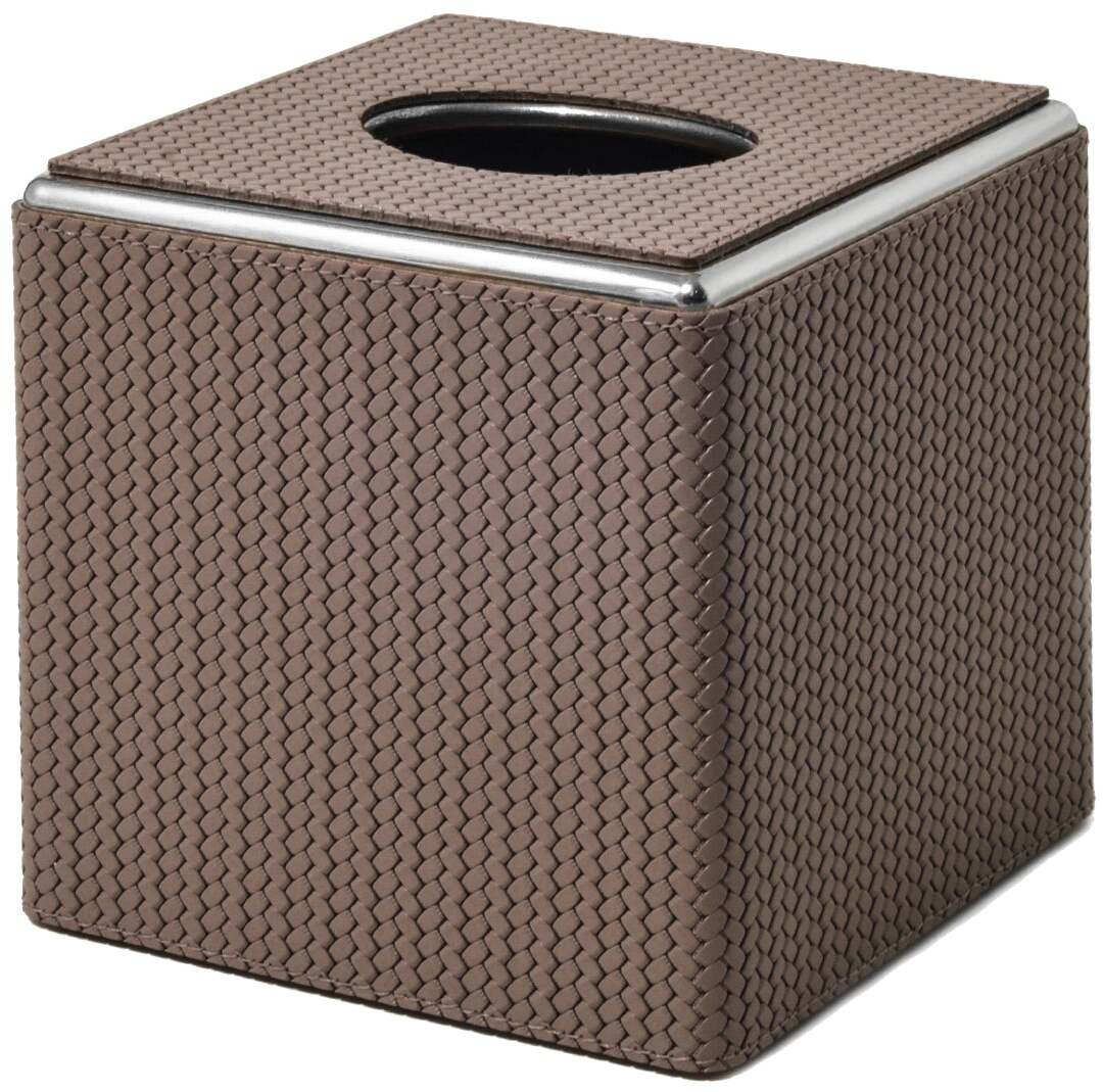 Квадратная коробка для салфеток - 14X14XH13,5 см / металлическая отделка_хром / плетеная кожа_кофе