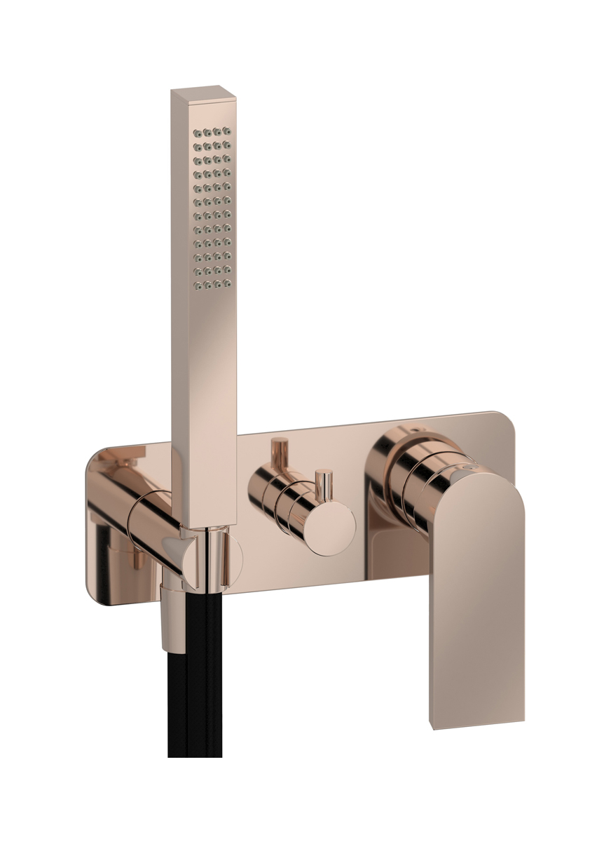 Внешние части встроенного в стену смесителя на 3 потребителя в комплекте с душевым гарнитуром. WE ARE IB k3314rs Rose Gold K3