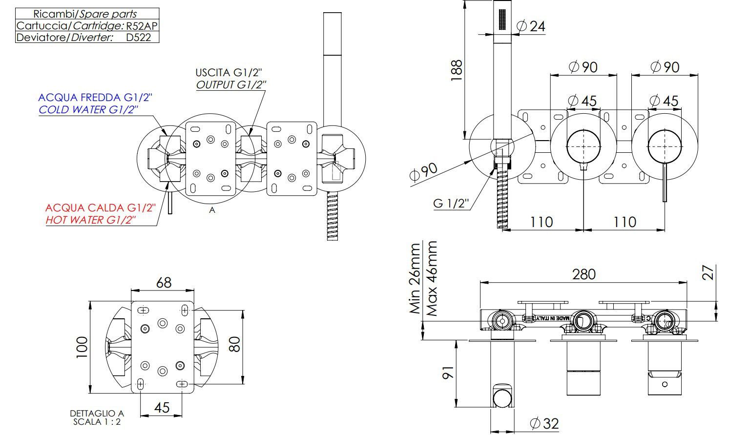 Настенный встраиваемый набор для ванны с ручным душем Remer Rubinetterie Метрика ARCH-00122746 - Вид №2