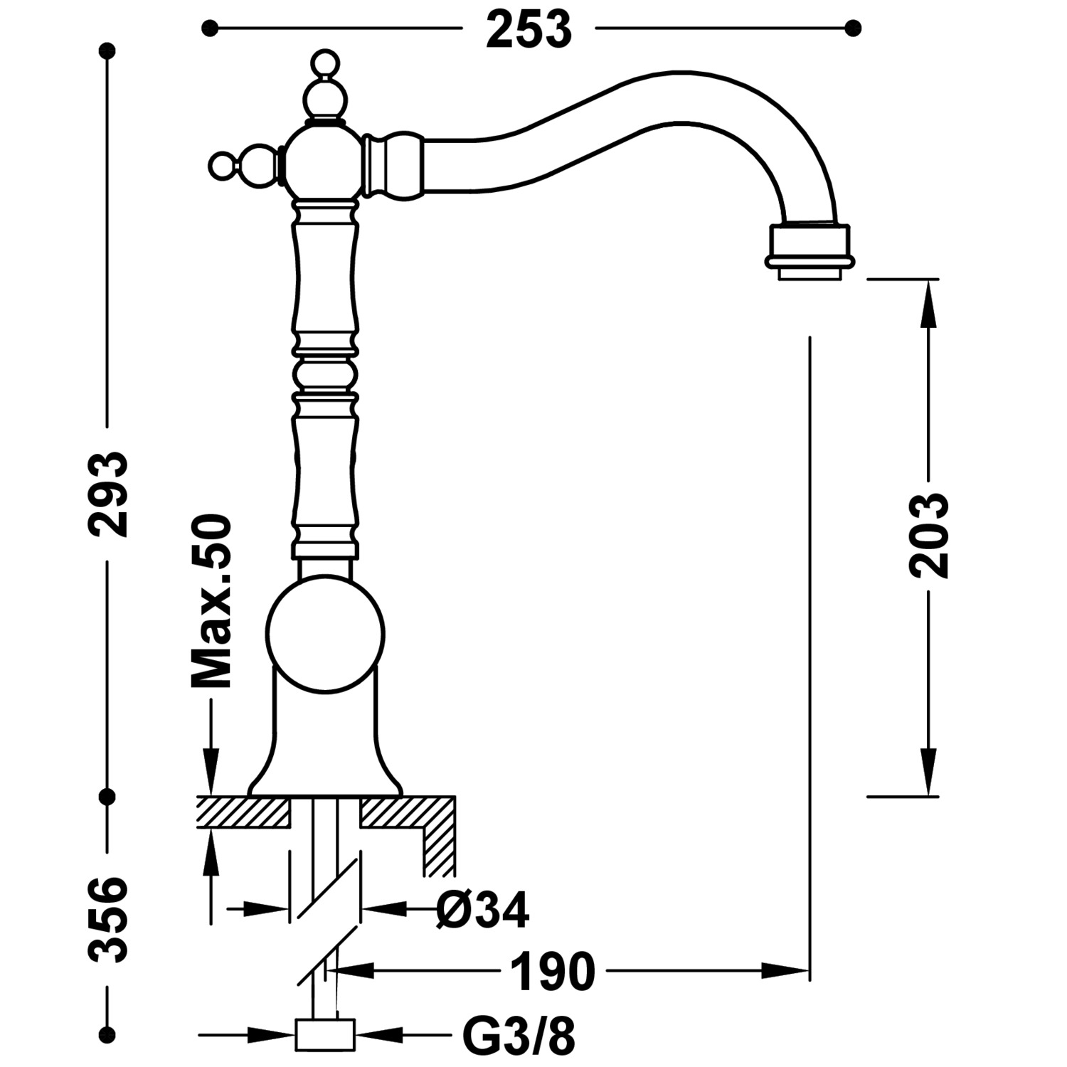 Смеситель для умывальника TRES CLASIC с одной ручкой и боковым рычагом-24210801LM TRES  - Вид №1