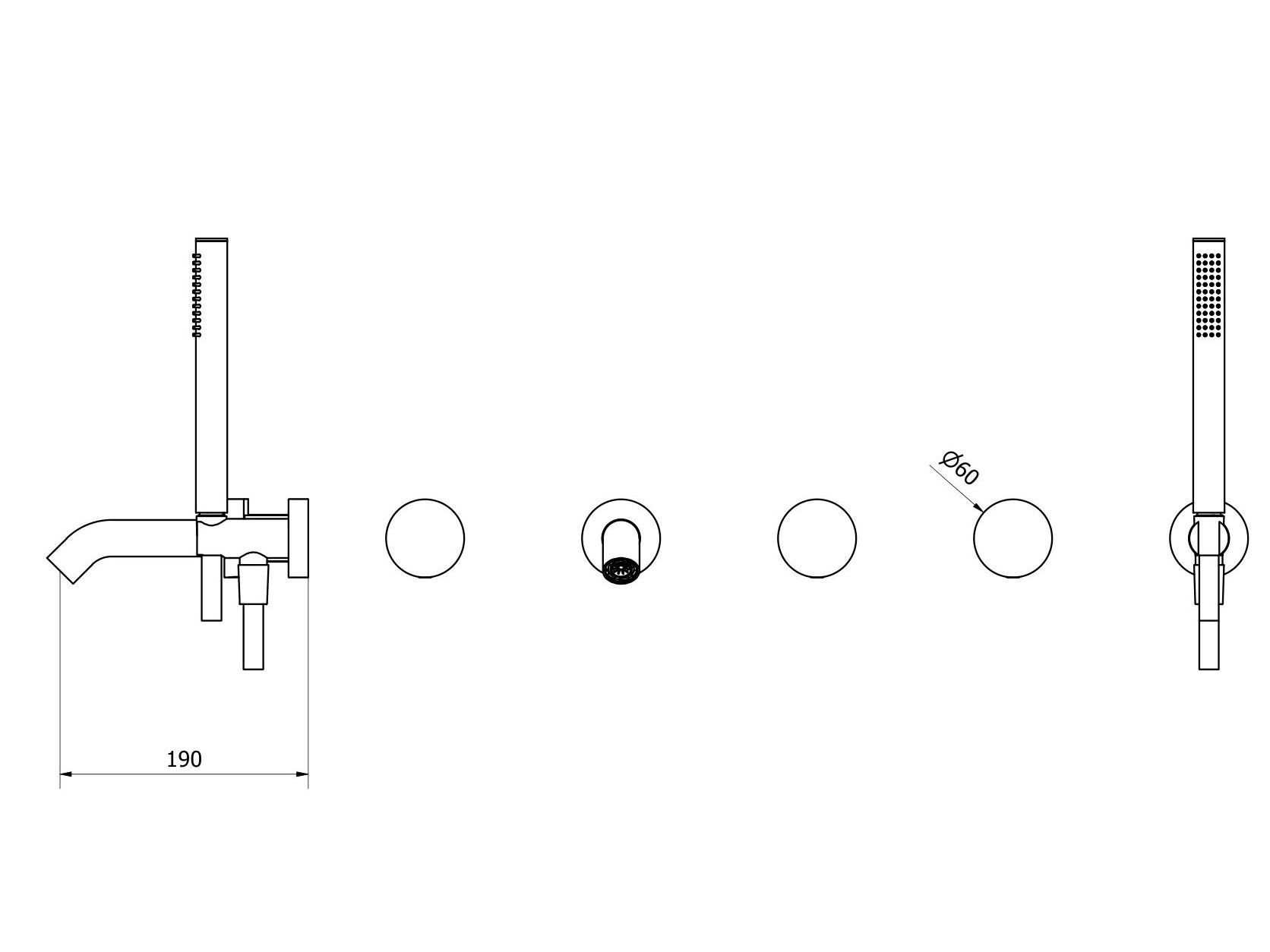 Стальной настенный смеситель для ванны с 5 отверстиями с переключателем и ручным душем IB Тотем ARCH-00082996 - Вид №2