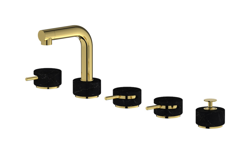 Смеситель на бортик ванной на 5 отверстий с дивертером и душевым гарнитуром. WE ARE IB mm396oo_2 Gold Marmo