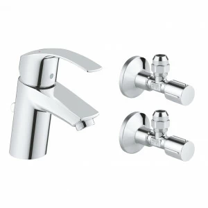 Смеситель для раковины GROHE Eurosmart New с угловыми вентилями (2 шт.) и донным клапаном, хром (23588000)