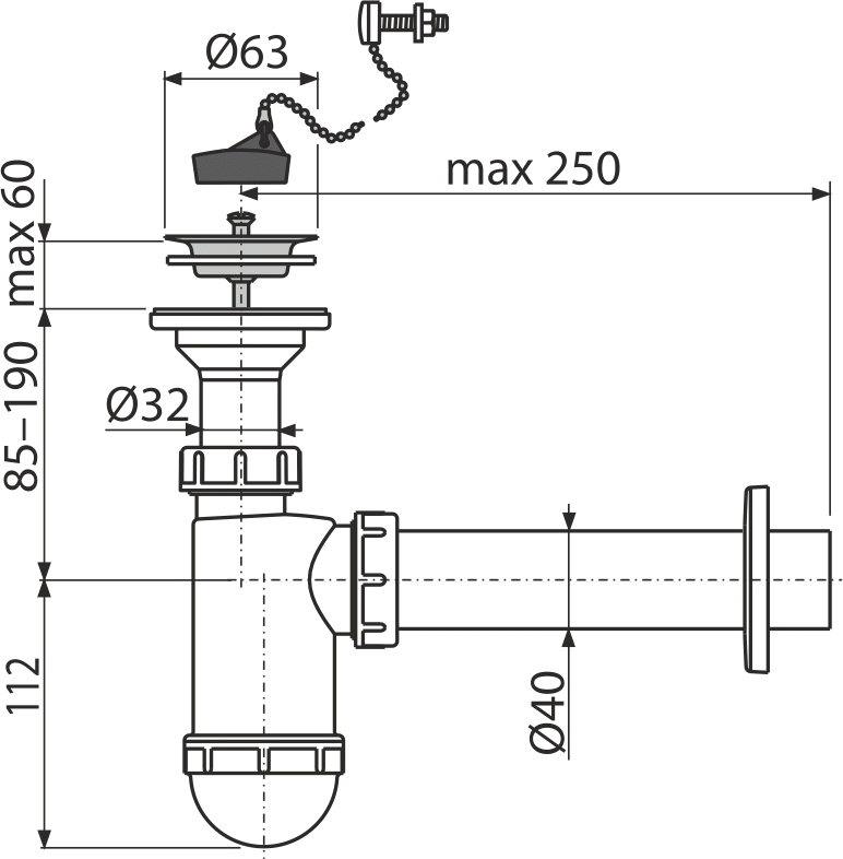 Сифон для умывальника DN40 с нержавеющей peшeткой DN63, с цепочкой ALCAPLAST A41R - Вид №1