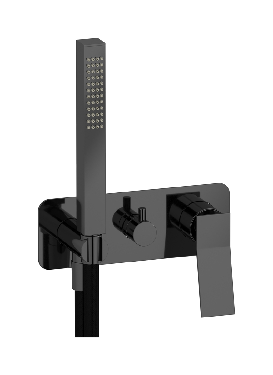 Внешние части встроенного в стену смесителя на 2 потребителя в комплекте с душевым гарнитуром. WE ARE IB wa310rs Black Chrome Wave