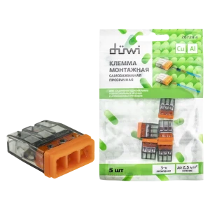 84509779 Клеммы монтажные самозажимные с пастой Duwi СМК 772-203 3-проводные 2,5мм² прозрачные 5шт 26729 4 STLM-1113726