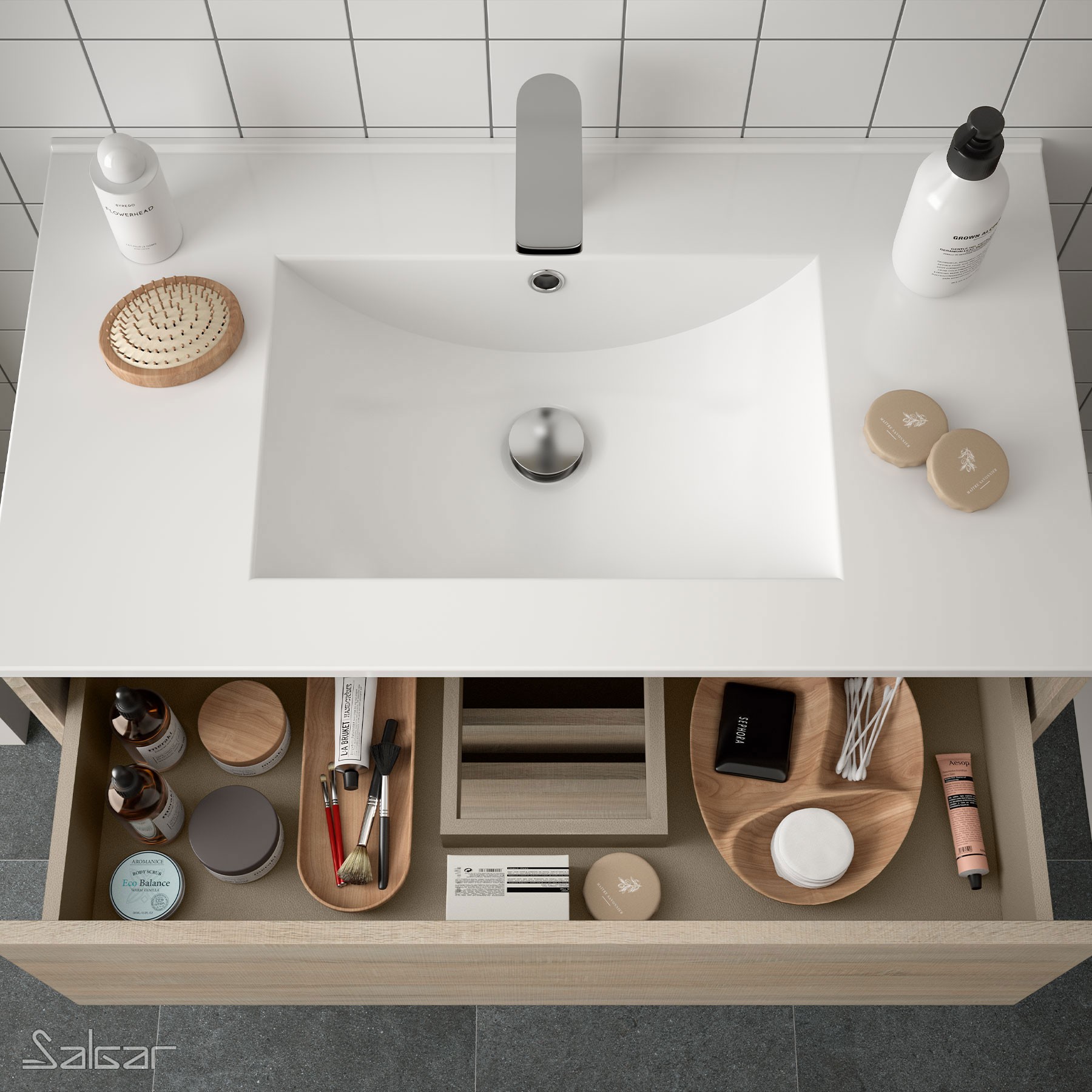 85035 SALGAR Комплект мебели для ванной NOJA 700 OAK CALEDONIA + Раковина + Зеркало + Свет Дуб Каледония - Вид №1