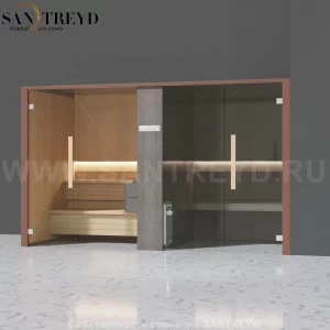 Effegibi LOGICAFILO SH LO41030004 Комбинированная баня: хаммам и сауна. Установка: в правый угол. Мощность: 10,5 кВт макс. Размеры: длина 373 см, ширина 171 см. Отделка: канадский хемлок, матовый лакированный коричневый аллюминий и темный ламинат из керам