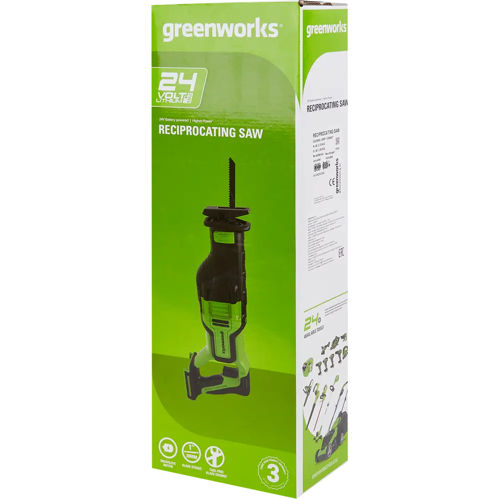 Пила сабельная аккумуляторная бесщеточная Greenworks GD24RS, 24 В Li-Ion, без АКБ и ЗУ STLM-2178913 - Вид №5