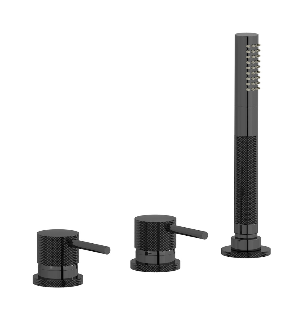 Смеситель на бортик ванной на 4 отверстия с изливом, дивертером и душевым гарнитуром. WE ARE IB id397cf Black Chrome Industria