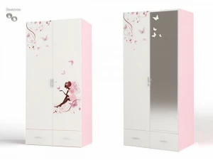 Шкаф ABC-KING 2х дверный Фея с зеркалом и со стразами Сваровски с бабочками