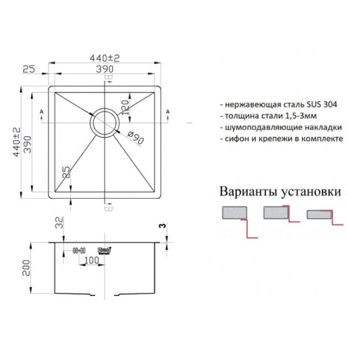 Zorg AX-4444 Мойка кухонная прямоугольная Zorg  - Вид №2