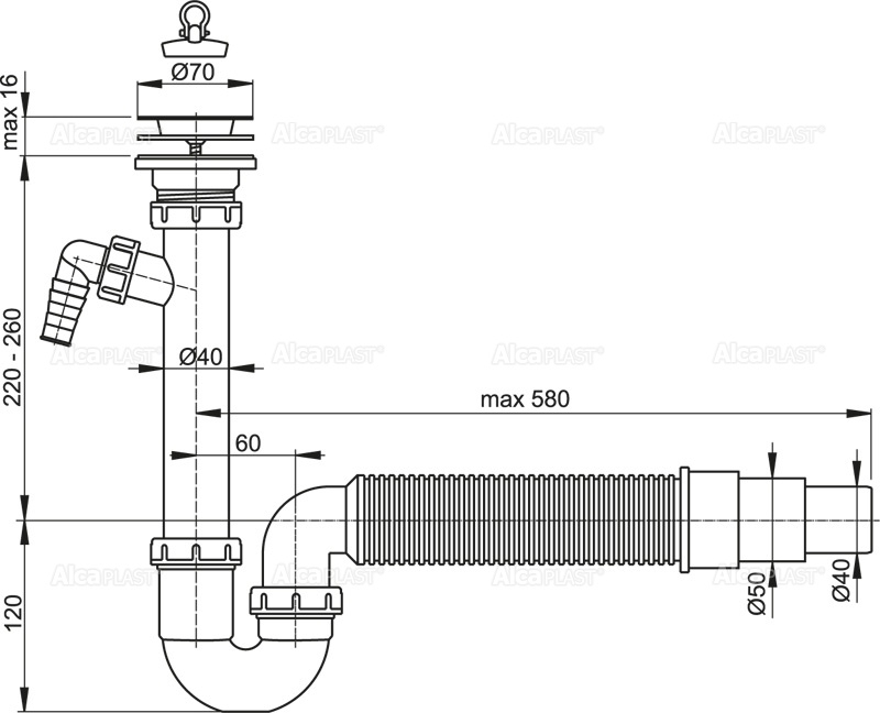 Сифон трубчатый с нержавеющей peшeткой DN70, со штуцером и гофрой ALCAPLAST A830DN5040 - Вид №1