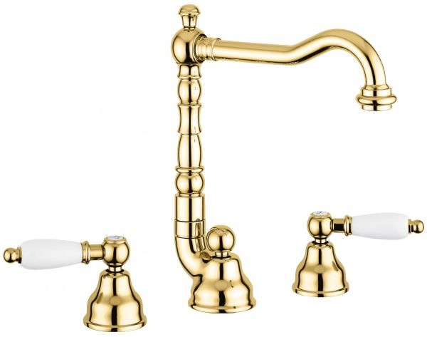 121643OR Смеситель Deco Ceramic 121643 с донным клапаном для раковины на 3 отверстия, цвет золото EMMEVI Decò ceramic