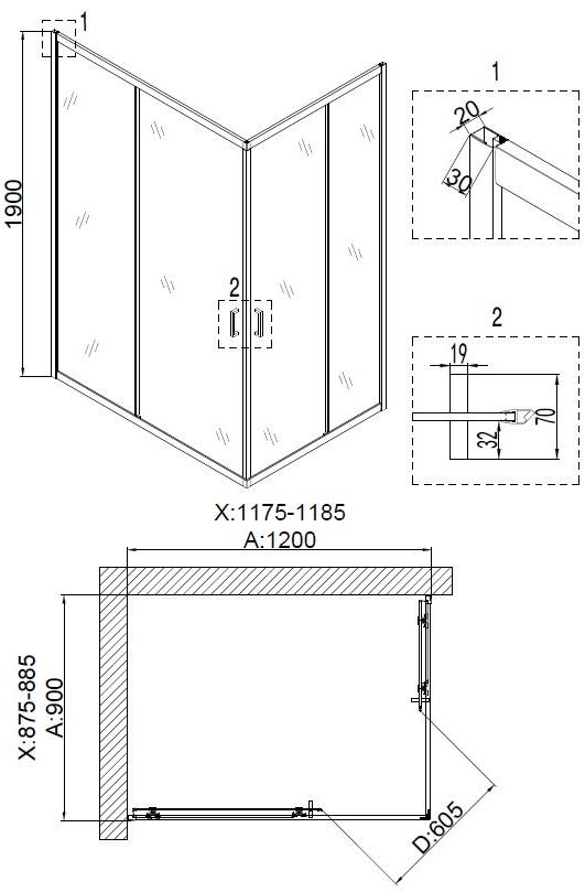 Душевое ограждение NG- 6611-08 (120*90*190) прямоугольник, двери раздвижные, 1 место Niagara Nova 66110811 - Вид №2