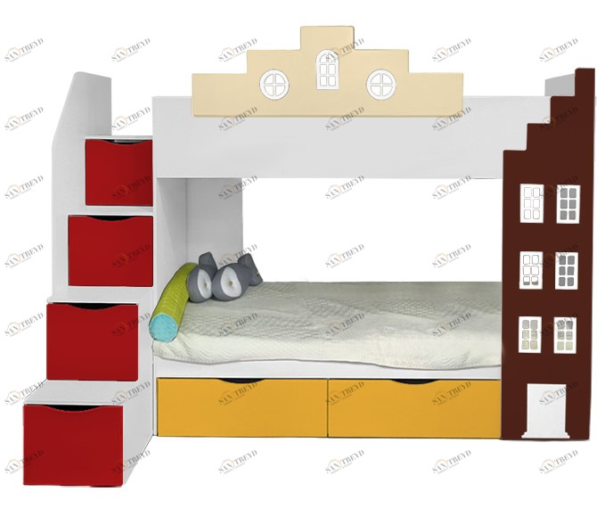 Кровать подростковая двухъярусная с 2 ящиками правая "Амстердам" МАНДАРИН АМСТЕРДАМ 179537 Разноцветный;белый;красный Santreyd 