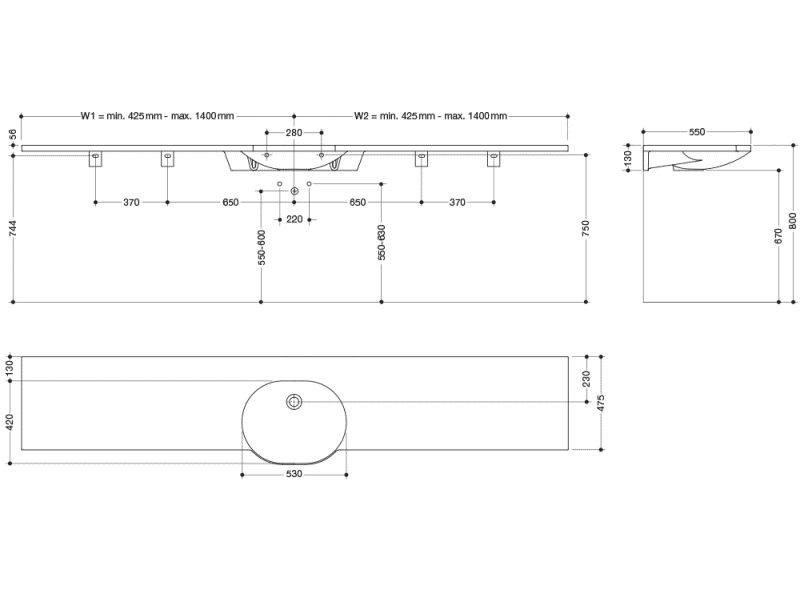 950.11.620S Умывальник различной длины HEWI Waschtische  - Вид №1